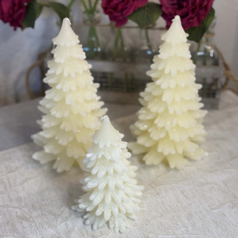 Set of 3 White Christmas Holiday Tree Candles. 9" and 6" Approx. Height